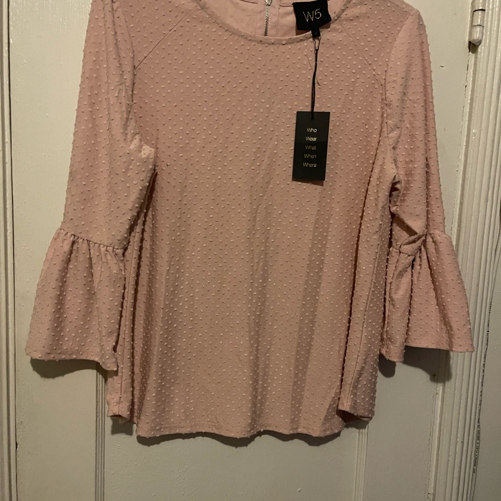 W5 Blush Pink Swiss Dot Bell Sleeve Blouse
